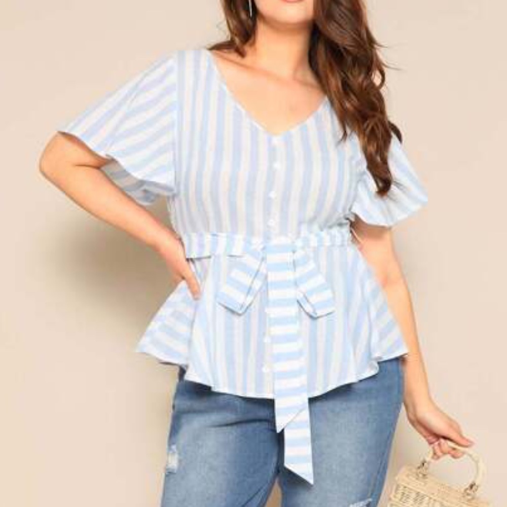 SHEIN Plus Flutter Sleeve Striped Peplum Blouse